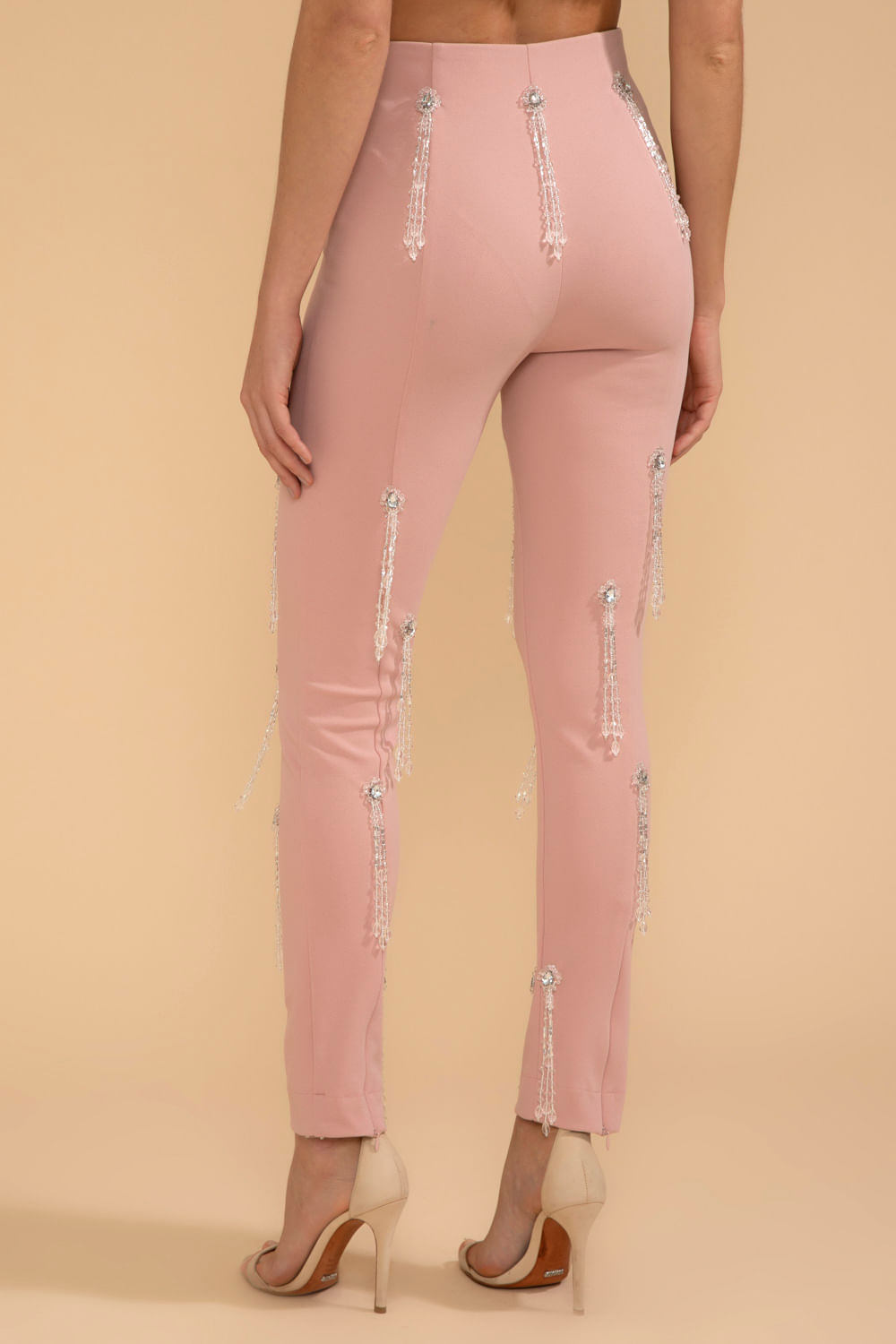 CALÇA SLIM BORDADA CREPE CRYSTAL NUDE