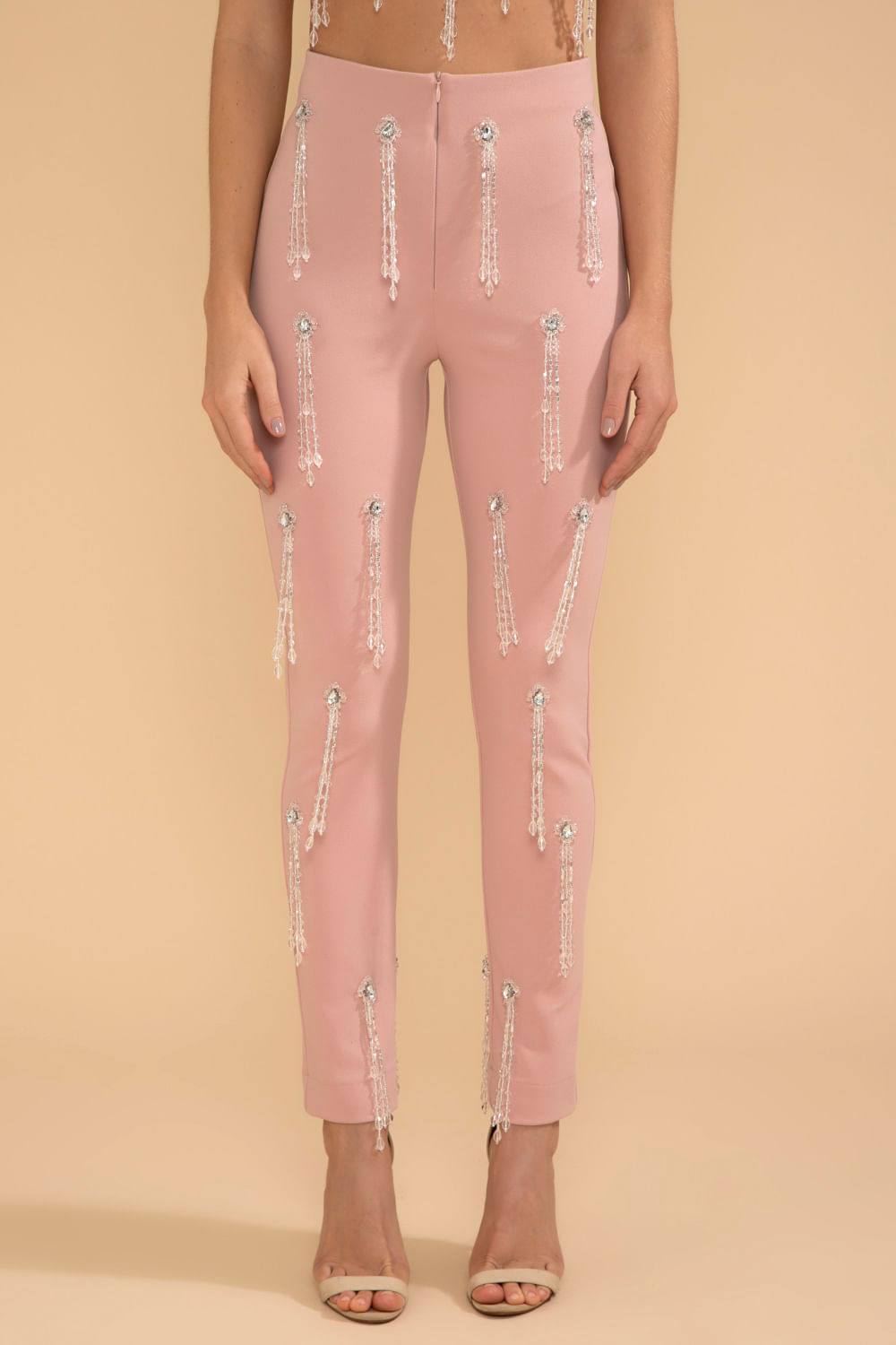 CALÇA SLIM BORDADA CREPE CRYSTAL NUDE