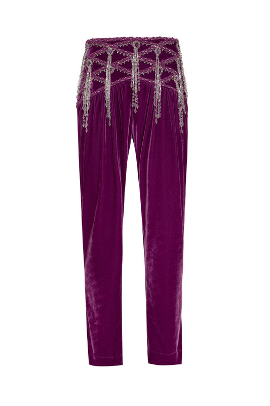 Calça bordada veludo crystal roxo