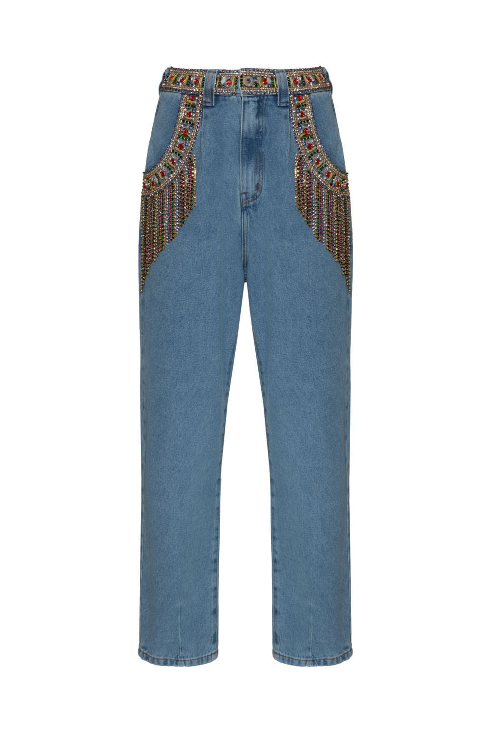 CalÃ§a bordada franjas enjoy denim azul