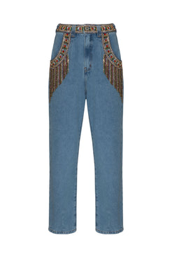 CalÃ§a bordada franjas enjoy denim azul