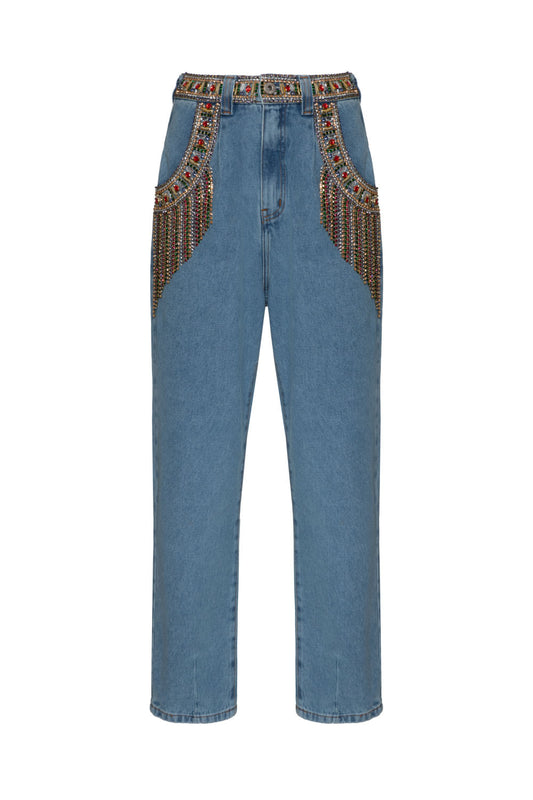 CalÃ§a bordada franjas enjoy denim azul