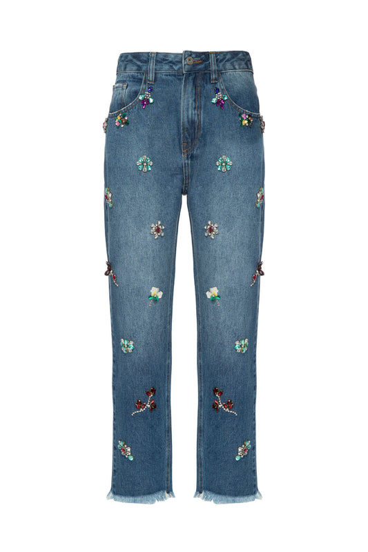CALÇA BORDADA DESFIADA ENJOY DENIM AZUL JEANS