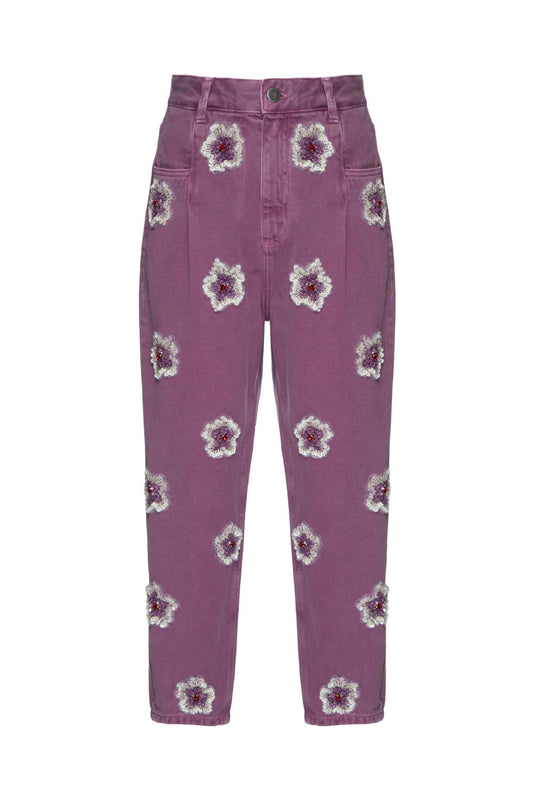 CalÃ§a bordada sarja spring lilas