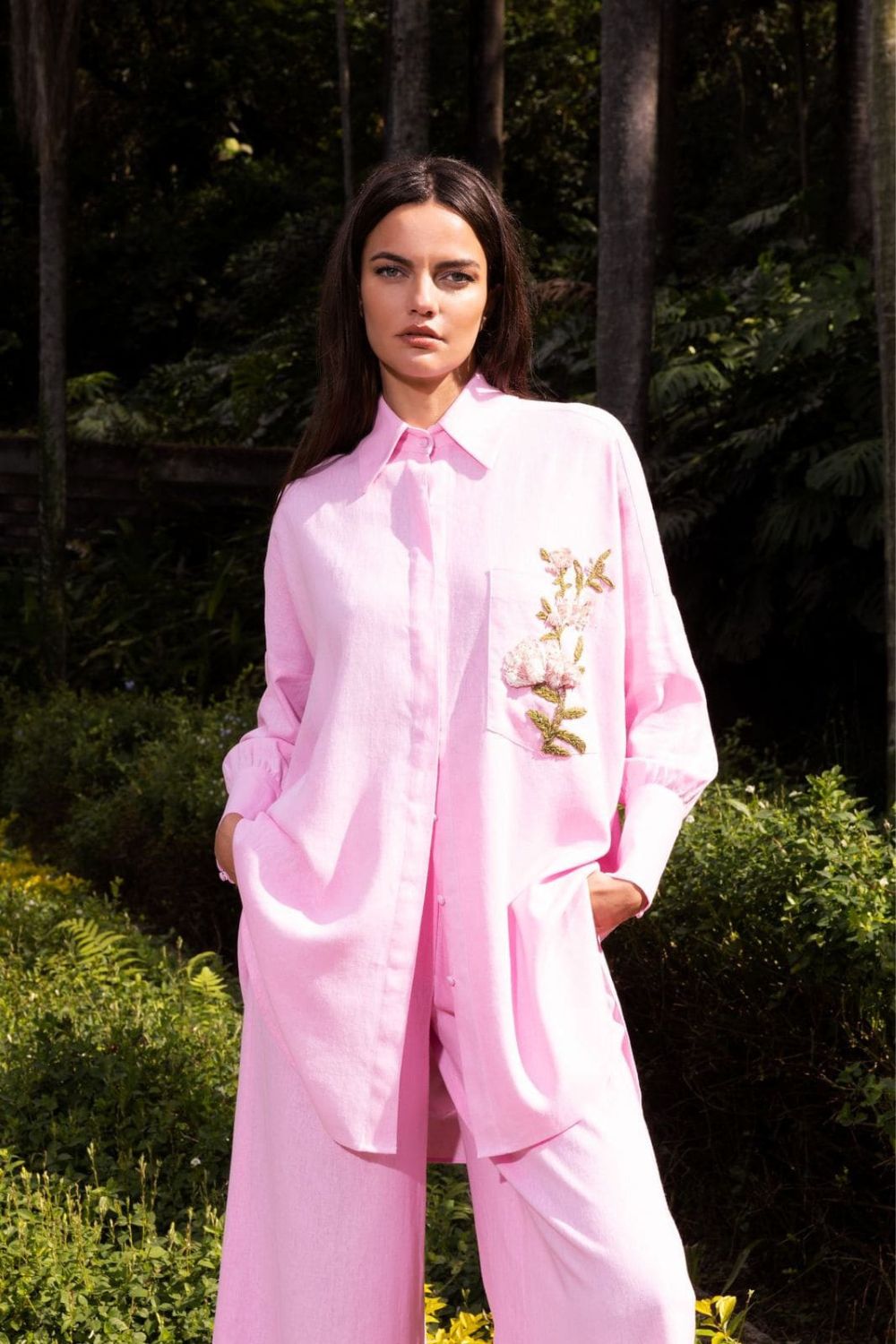 CAMISA BORDADA LINHO FRENCH ROSA