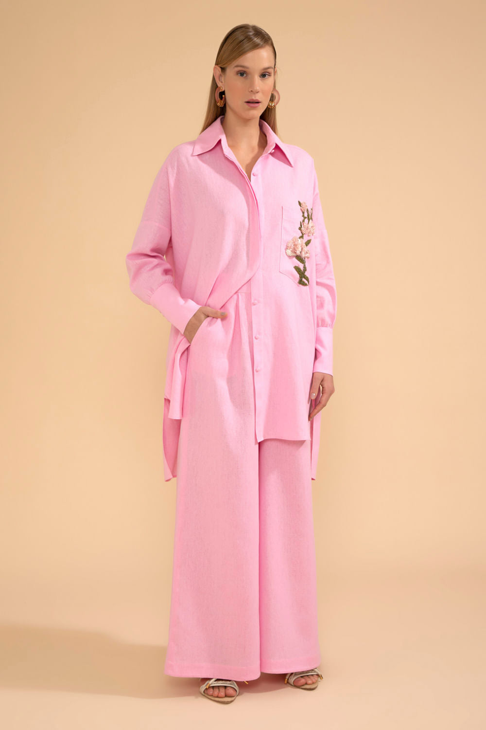 CAMISA BORDADA LINHO FRENCH ROSA