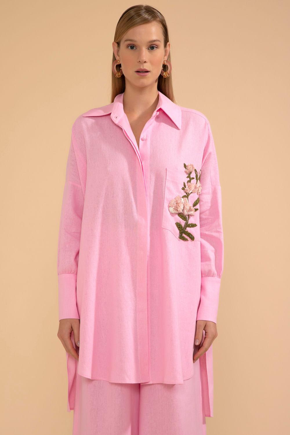 CAMISA BORDADA LINHO FRENCH ROSA