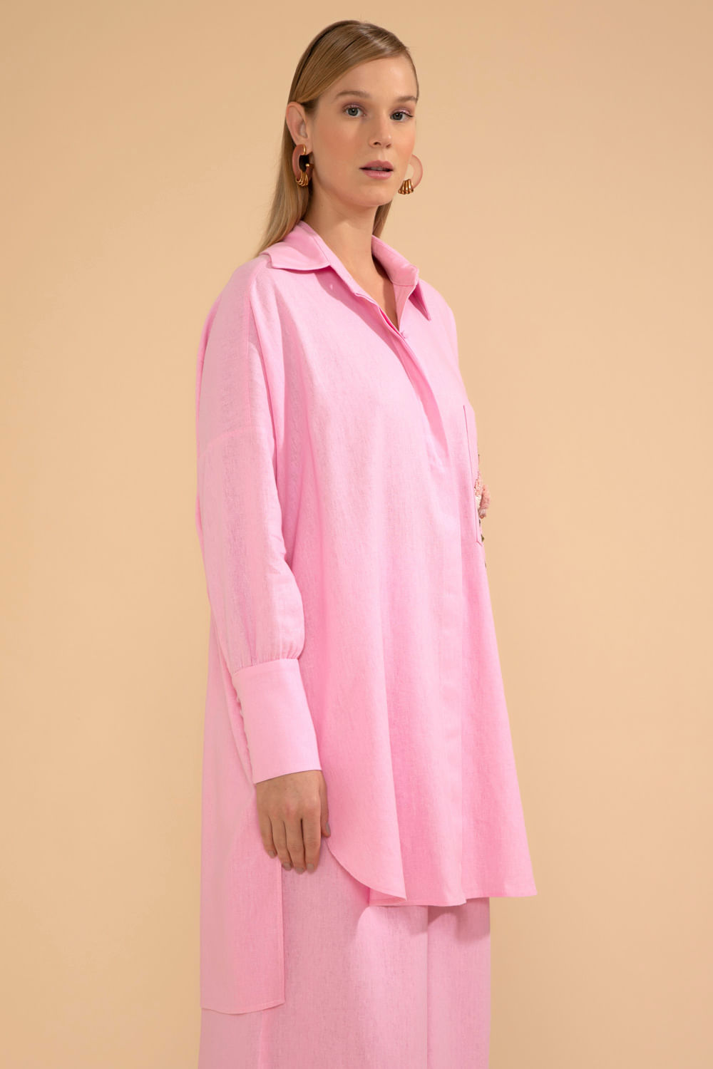 CAMISA BORDADA LINHO FRENCH ROSA