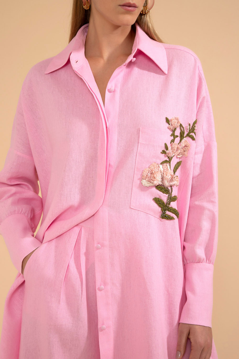 CAMISA BORDADA LINHO FRENCH ROSA