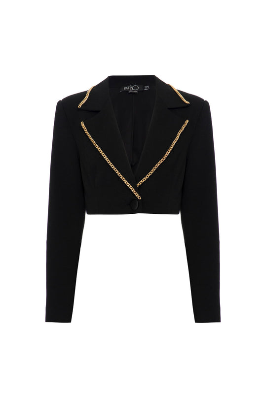 JAQUETA CROPPED CORRENTE CREPE CHAIN PRETO