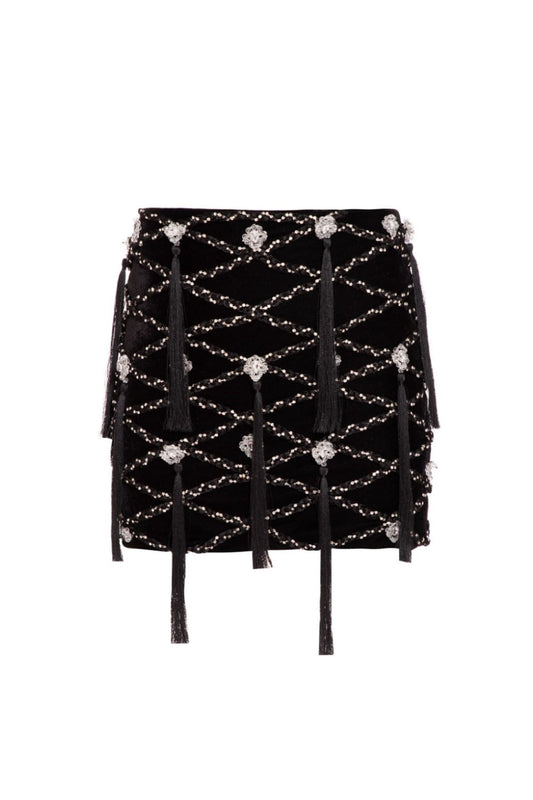 Saia curta bordada veludo crystal preto
