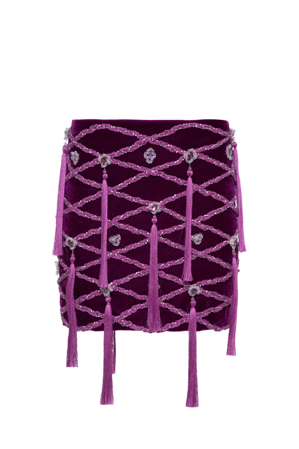 Saia curta bordada veludo crystal roxo