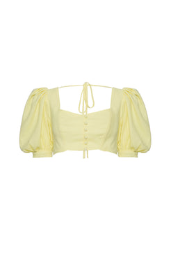 TOP CROPPED MANGAS BUFANTES LINHO BALNEÁRIO AMARELO