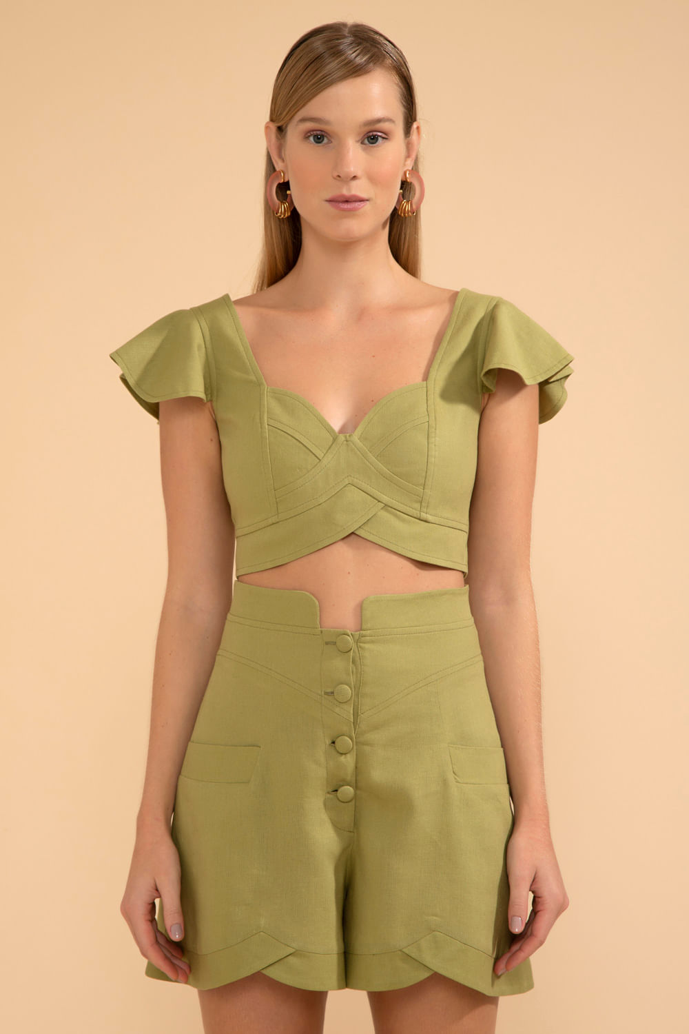 TOP CROPPED MANGA BABADO LINHO FRENCH VERDE
