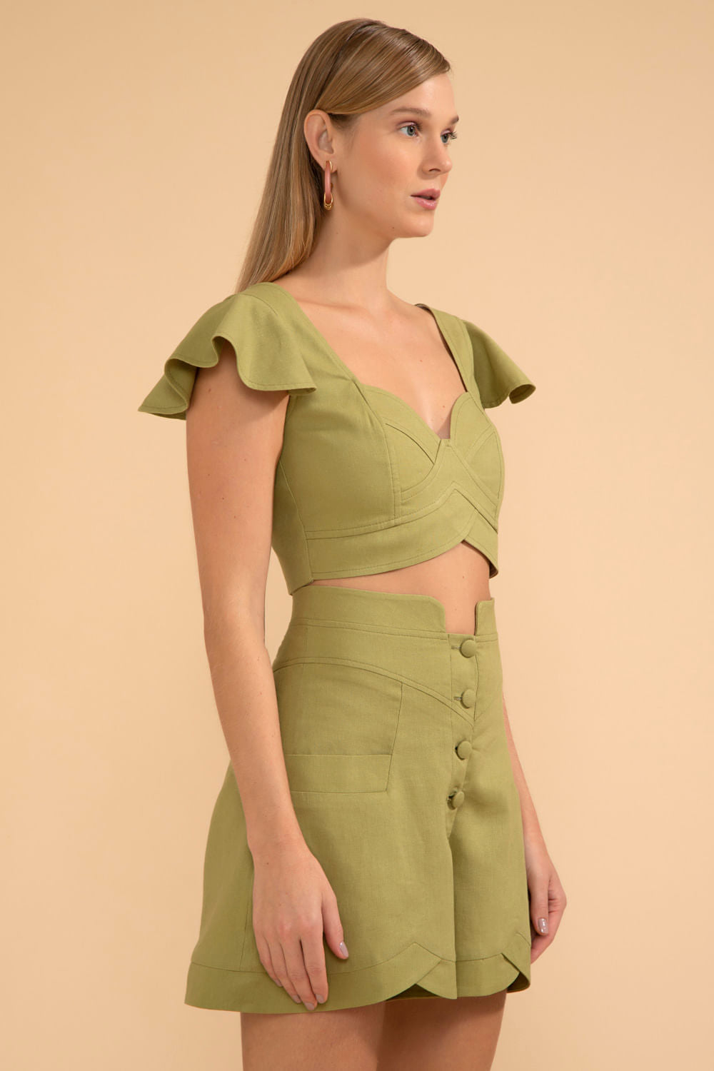TOP CROPPED MANGA BABADO LINHO FRENCH VERDE