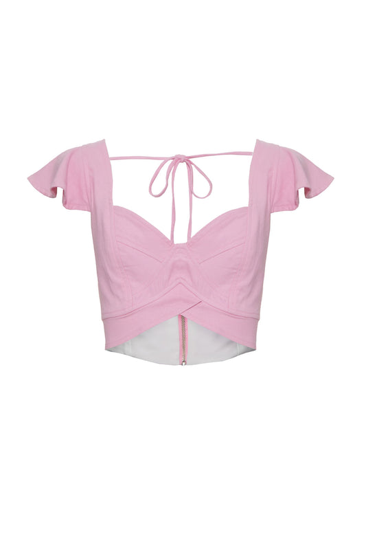 TOP CROPPED MANGA BABADO LINHO FRENCH ROSA