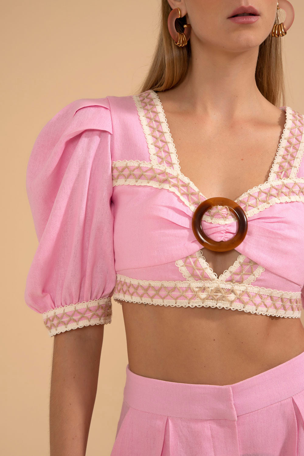 TOP CROPPED ENTREMEIO LINHO FRENCH ROSA