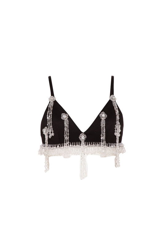 TOP BORDADO FRANJA CREPE CRYSTAL PRETO