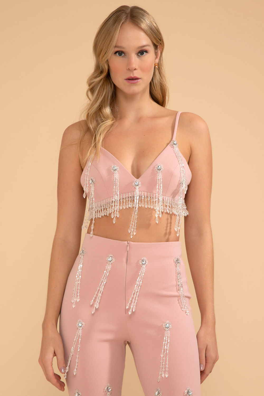 TOP BORDADO FRANJA CREPE CRYSTAL NUDE