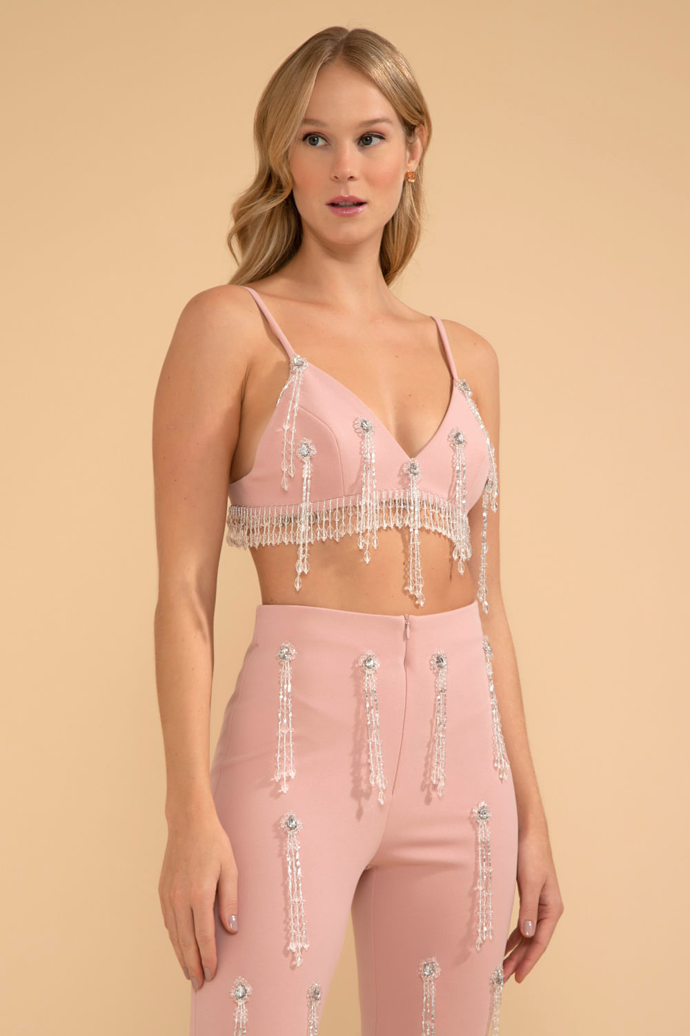 TOP BORDADO FRANJA CREPE CRYSTAL NUDE