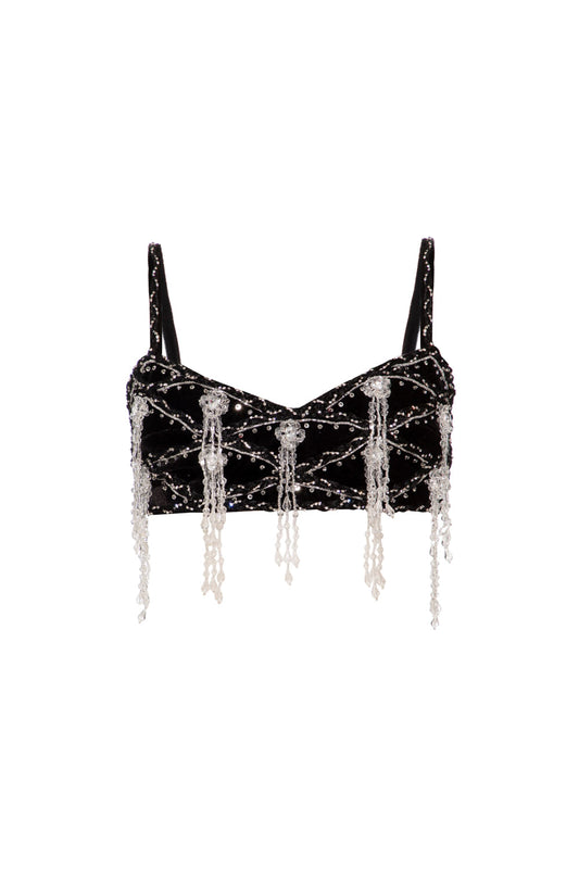 Top cropped bordado veludo crystal preto