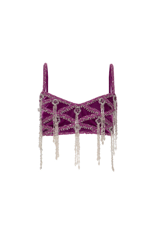 Top cropped bordado veludo crystal roxo