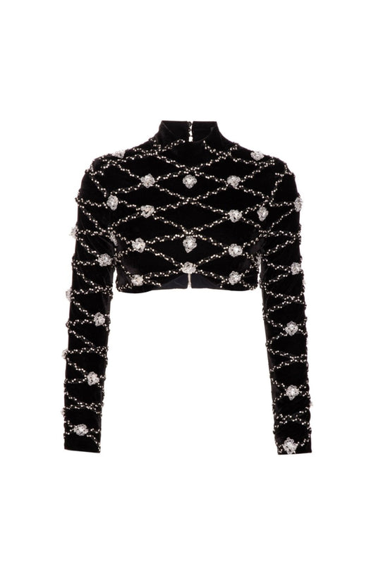 TOP CROPPED MANGA LONGA VELUDO CRYSTAL PRETO