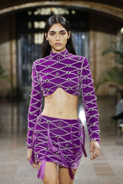 TOP CROPPED MANGA LONGA VELUDO CRYSTAL ROXO