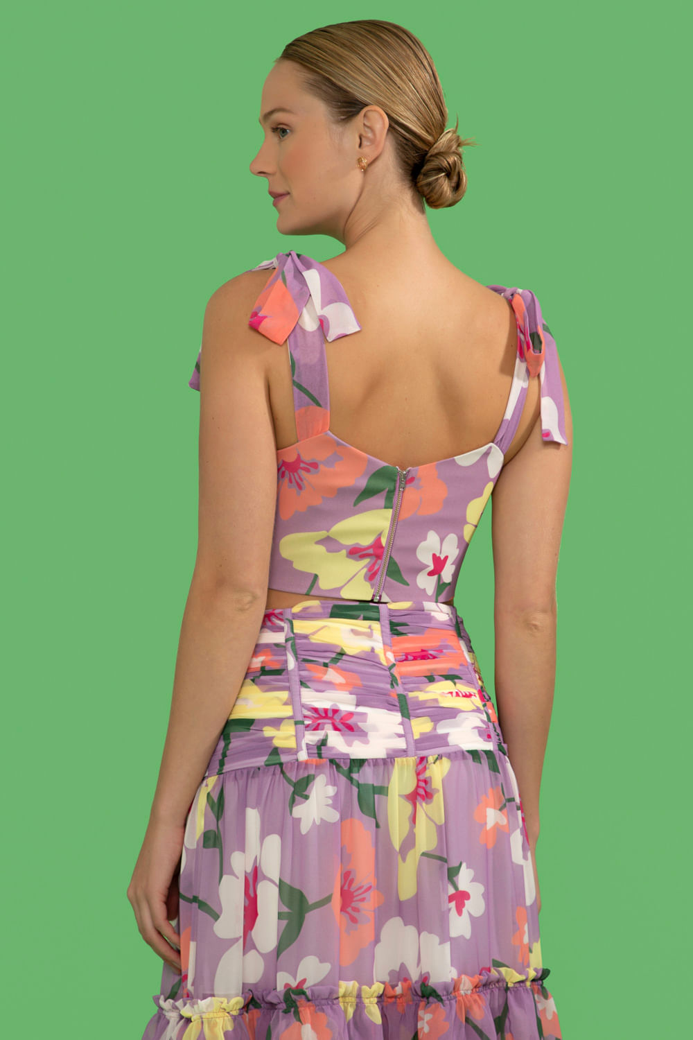 TOP PLISSADO RETRÔ FLOWER LILAS