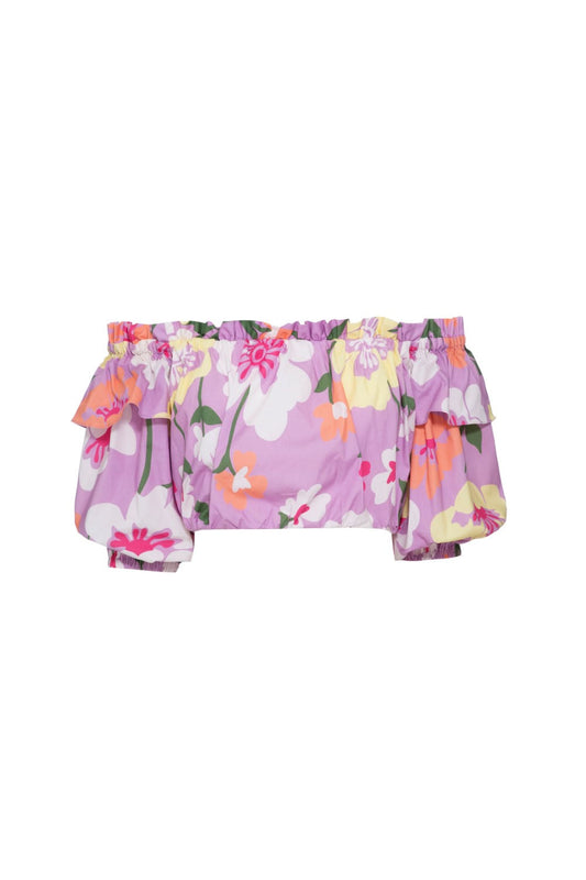 TOP OMBRO A OMBRO RETRÔ FLOWER LILAS
