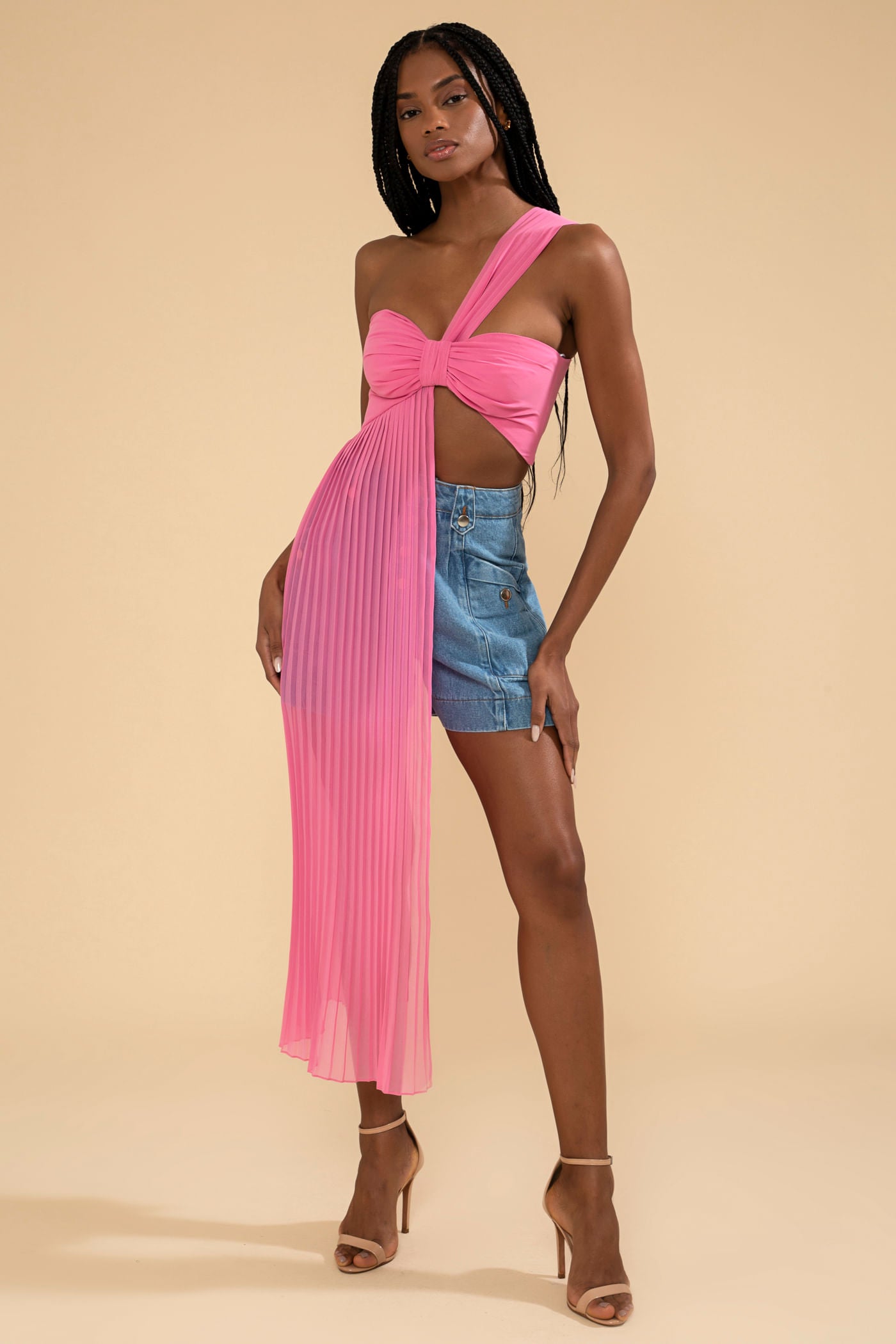 TOP OMBRO ÚNICO CHIFFON ÍRIS ROSA