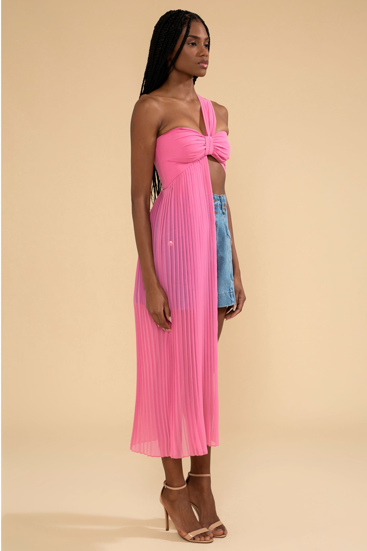 TOP OMBRO ÚNICO CHIFFON ÍRIS ROSA