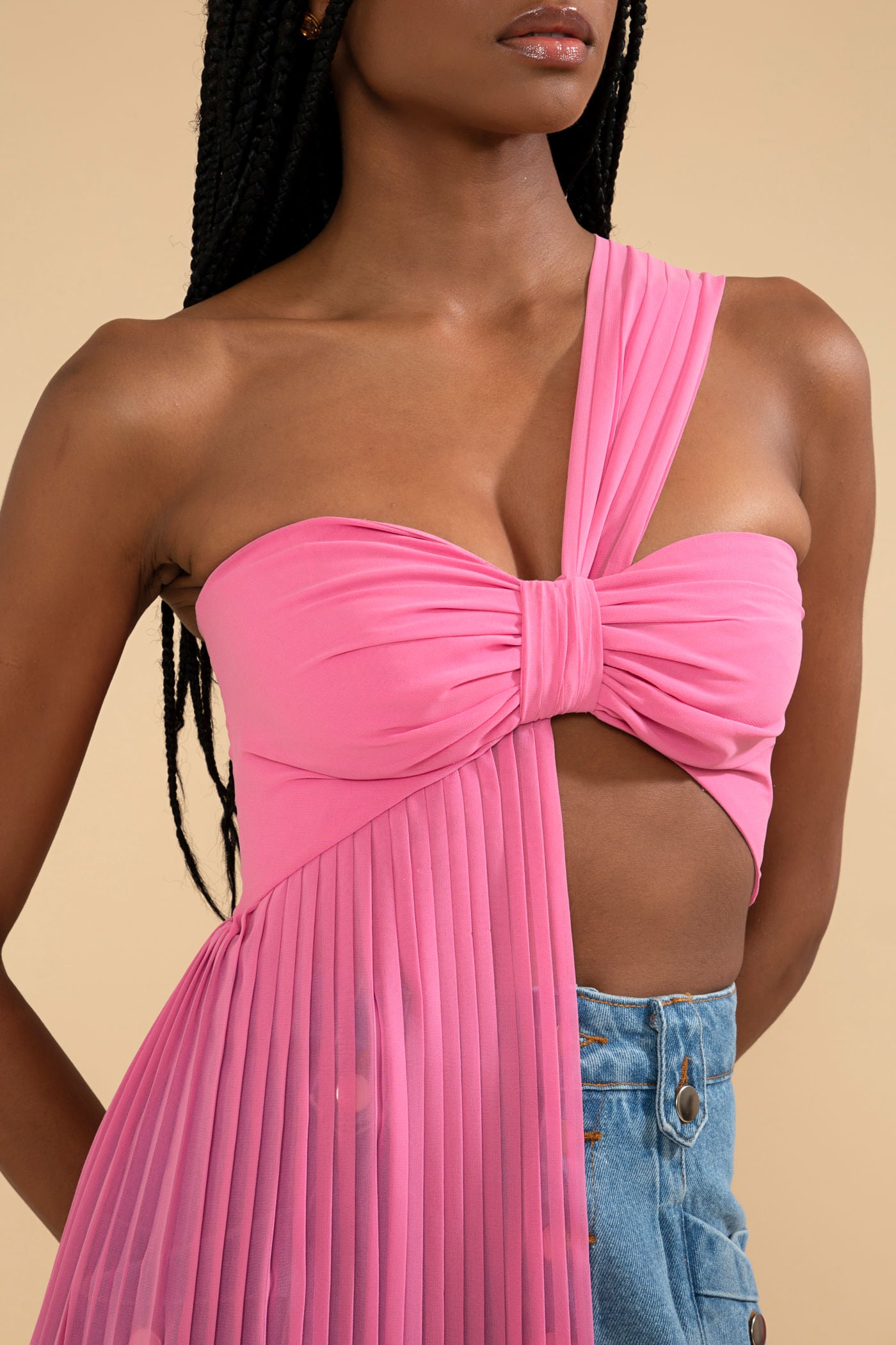 TOP OMBRO ÚNICO CHIFFON ÍRIS ROSA