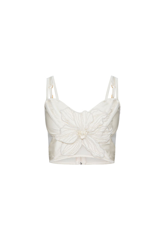 Top cropped flor bordada lycra jackie off white