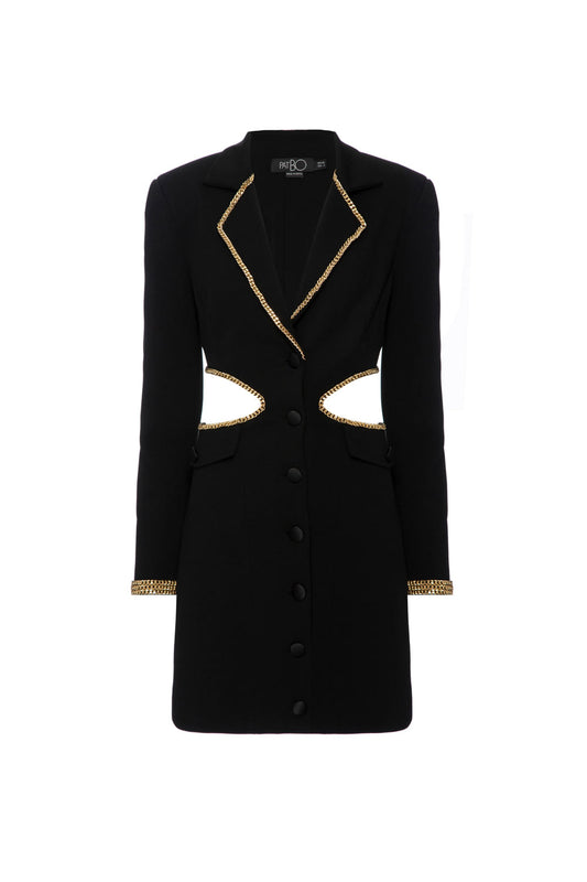 VESTIDO CURTO BLAZER CORRENTE RECORTES CREPE CHAIN PRETO