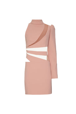 VESTIDO CURTO MANGA ÚNICA CREPE CRYSTAL NUDE