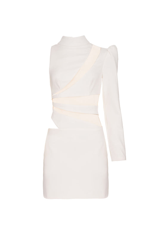VESTIDO CURTO MANGA ÚNICA CREPE CRYSTAL OFF WHITE