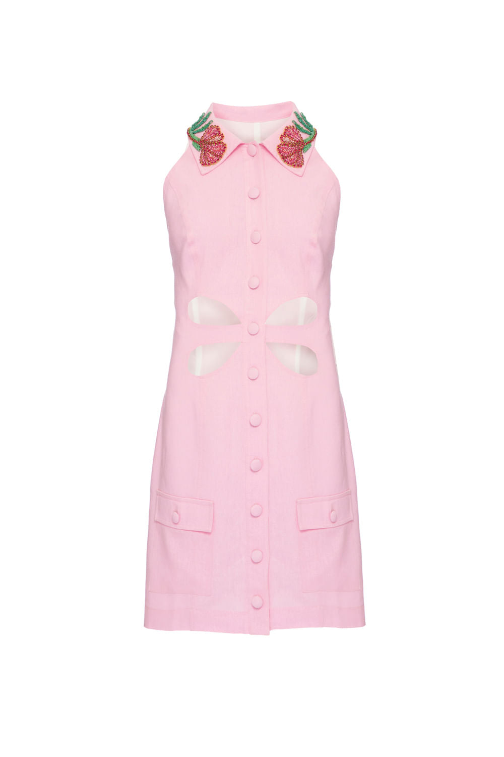 VESTIDO CURTO GOLA BORDADA LINHO FRENCH ROSA