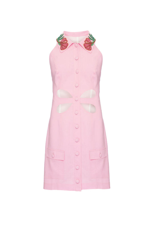 VESTIDO CURTO GOLA BORDADA LINHO FRENCH ROSA