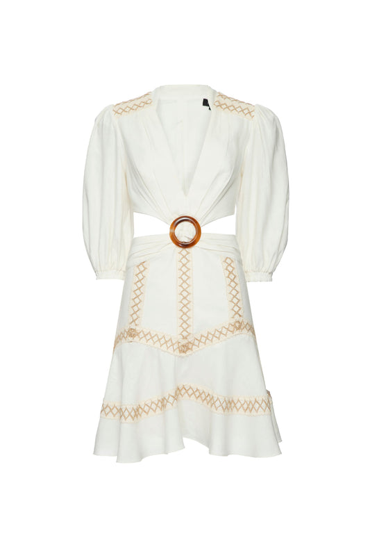 VESTIDO CURTO RECORTES LINHO FRENCH OFF WHITE