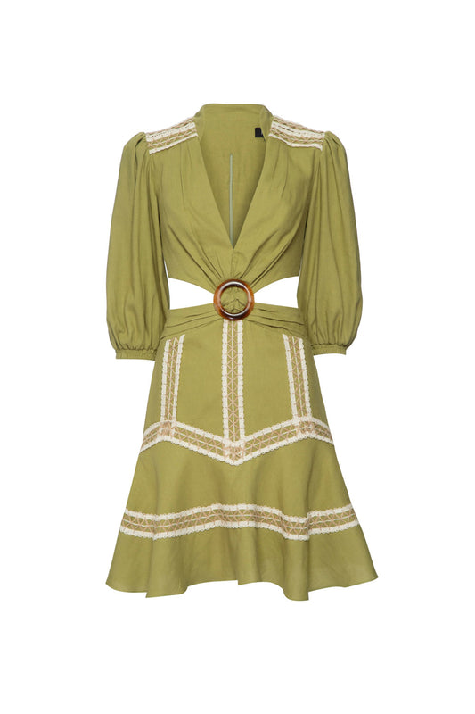 VESTIDO CURTO RECORTES LINHO FRENCH VERDE
