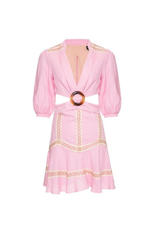 Vestido curto recortes linho french rosa