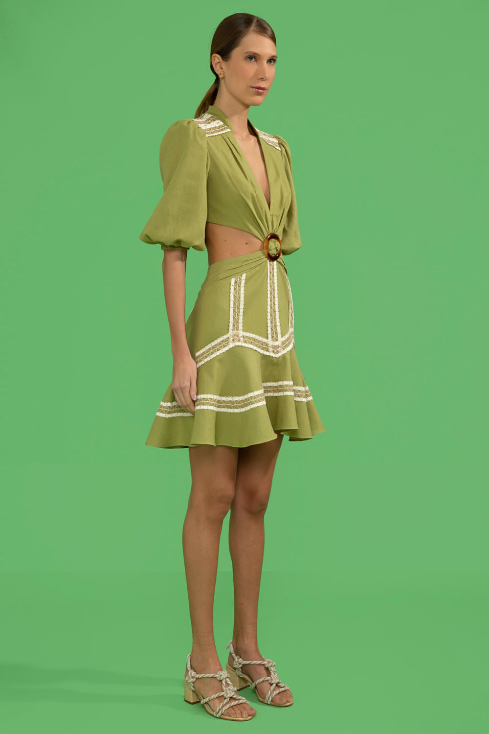 VESTIDO CURTO RECORTES LINHO FRENCH VERDE