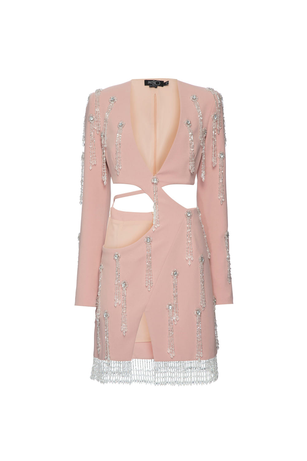 VESTIDO CURTO BORDADO MANGA LONGA CREPE CRYSTAL NUDE