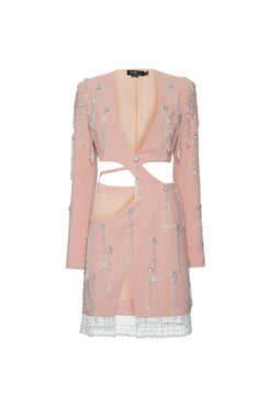 VESTIDO CURTO BORDADO MANGA LONGA CREPE CRYSTAL NUDE