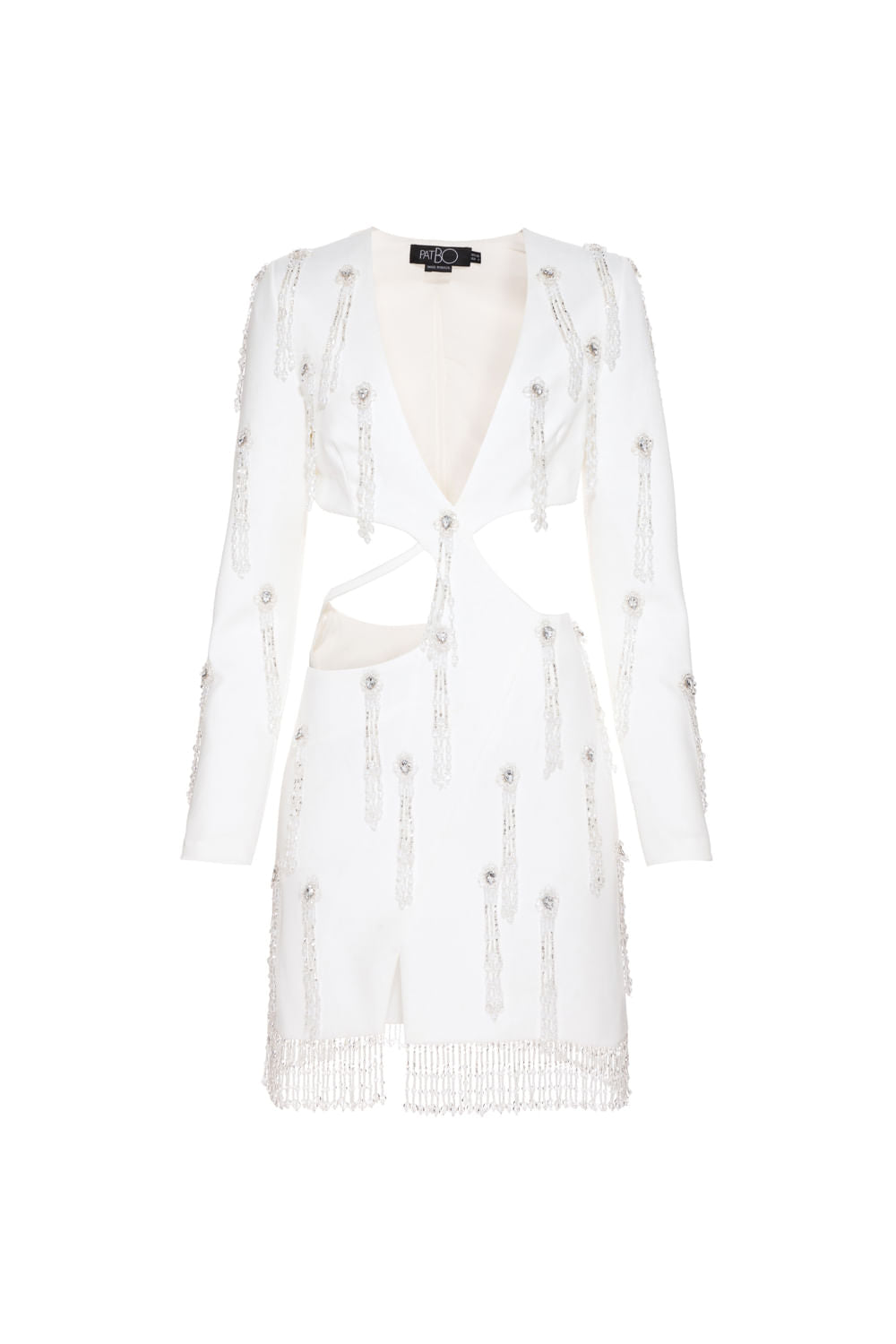 Vestido curto bordado manga longa crepe crystal off white