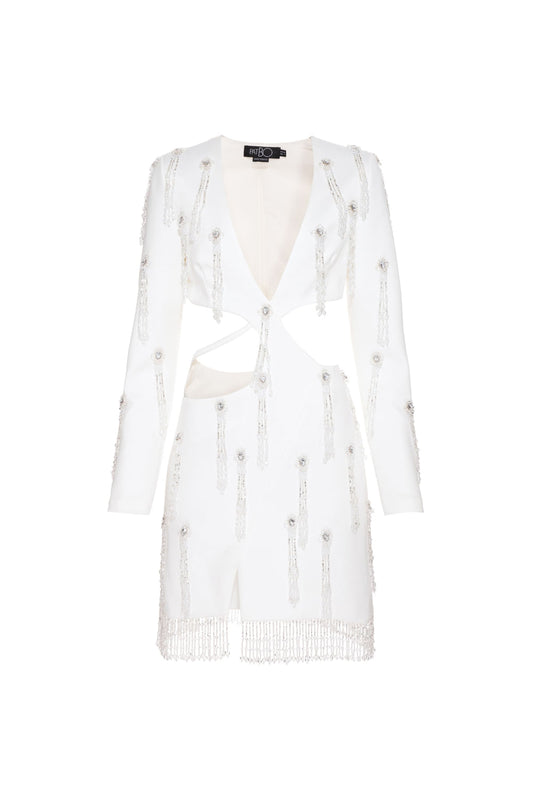 Vestido curto bordado manga longa crepe crystal off white