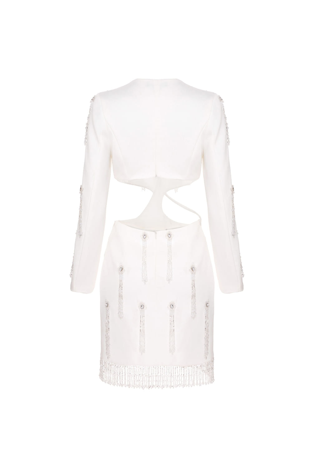 Vestido curto bordado manga longa crepe crystal off white