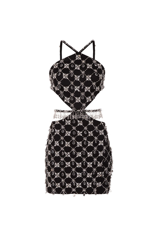 Vestido curto bordado frente única crepe crystal preto