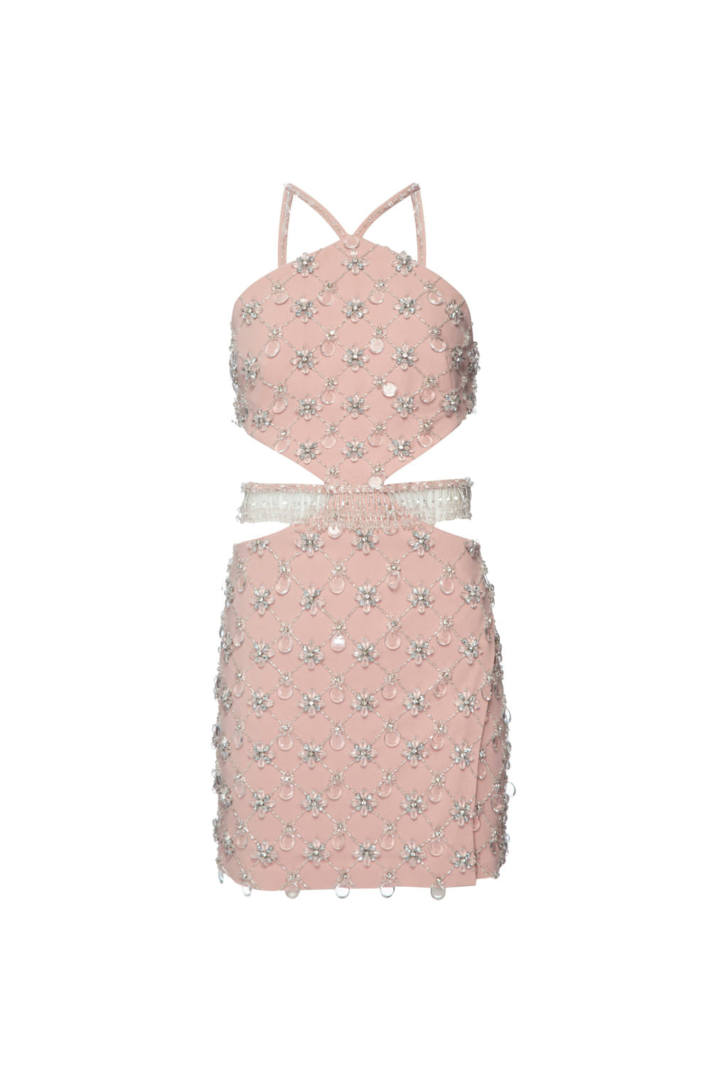 Vestido curto bordado frente única crepe crystal nude